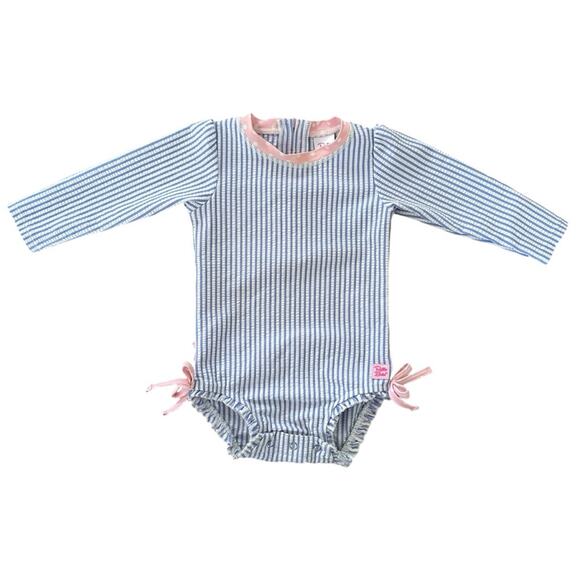Ruffle Butts Seersucker Long Sleeve Rash
Guard Periwinkle Blue Pink Size 12-18M - Picture 1 of 7